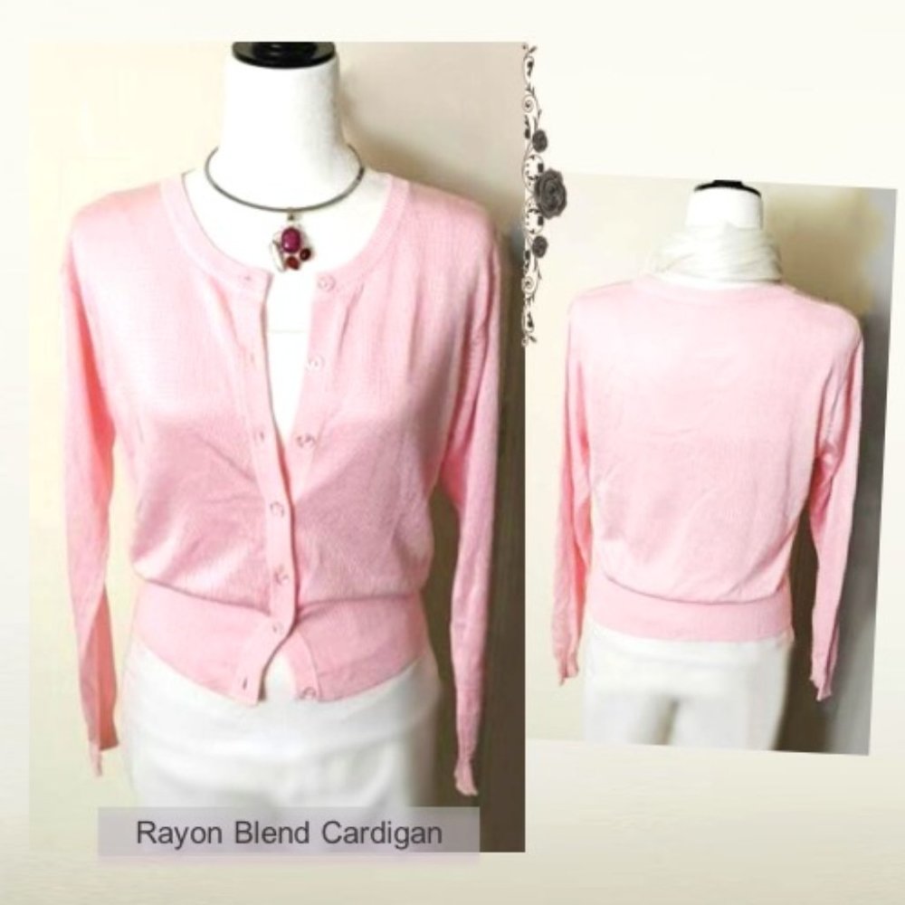 Rayon Blend Light Pink Cardigan Clear Button Up Round Neck Long Sleeves Sheen M